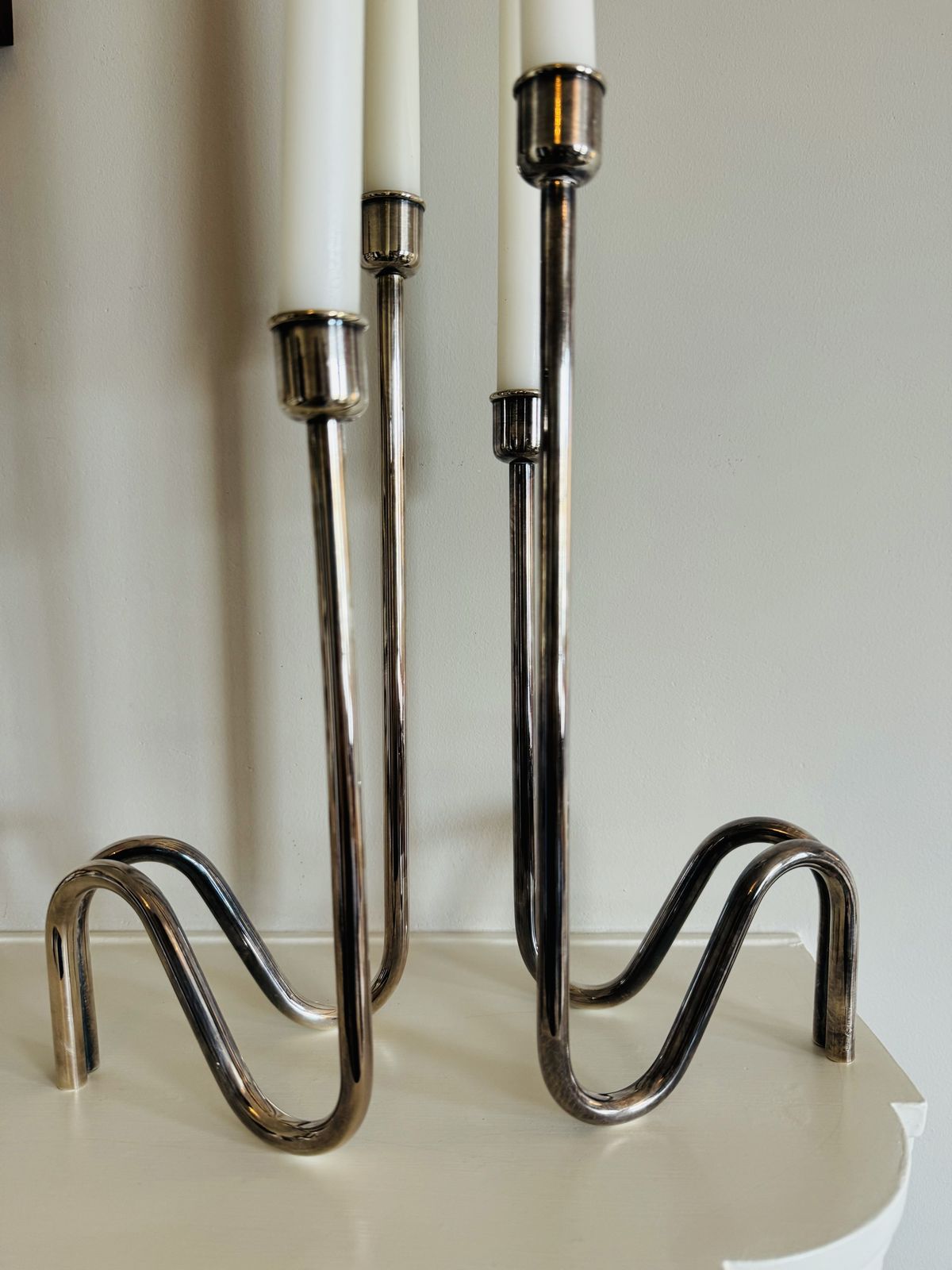 Lino Sabattini Sculptural Silver Plated Pair Of Candlholders photo for sale
