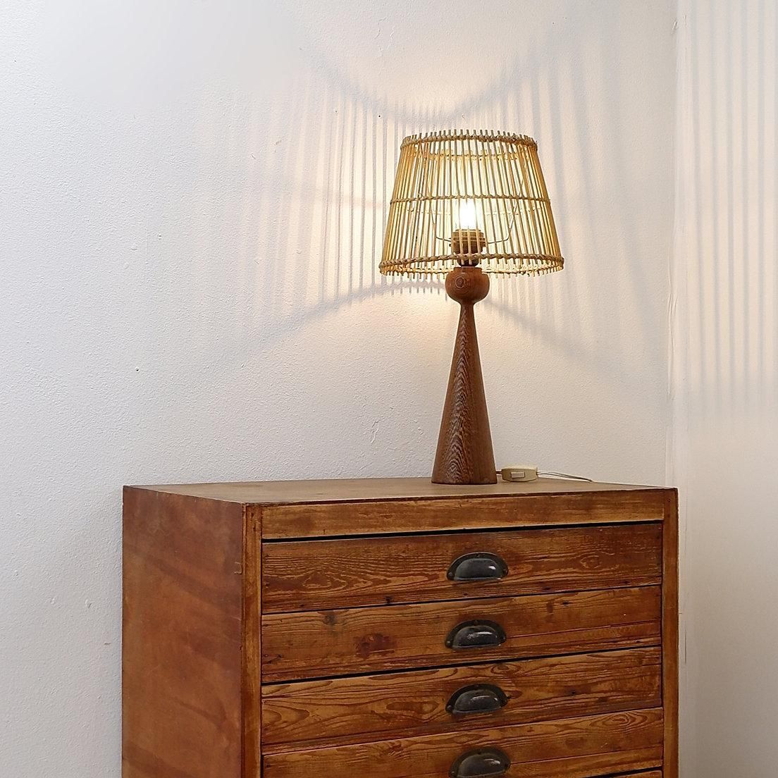 Keel Shaped Wood Table Lamp With Bamboo Shade 1960s photo furniture