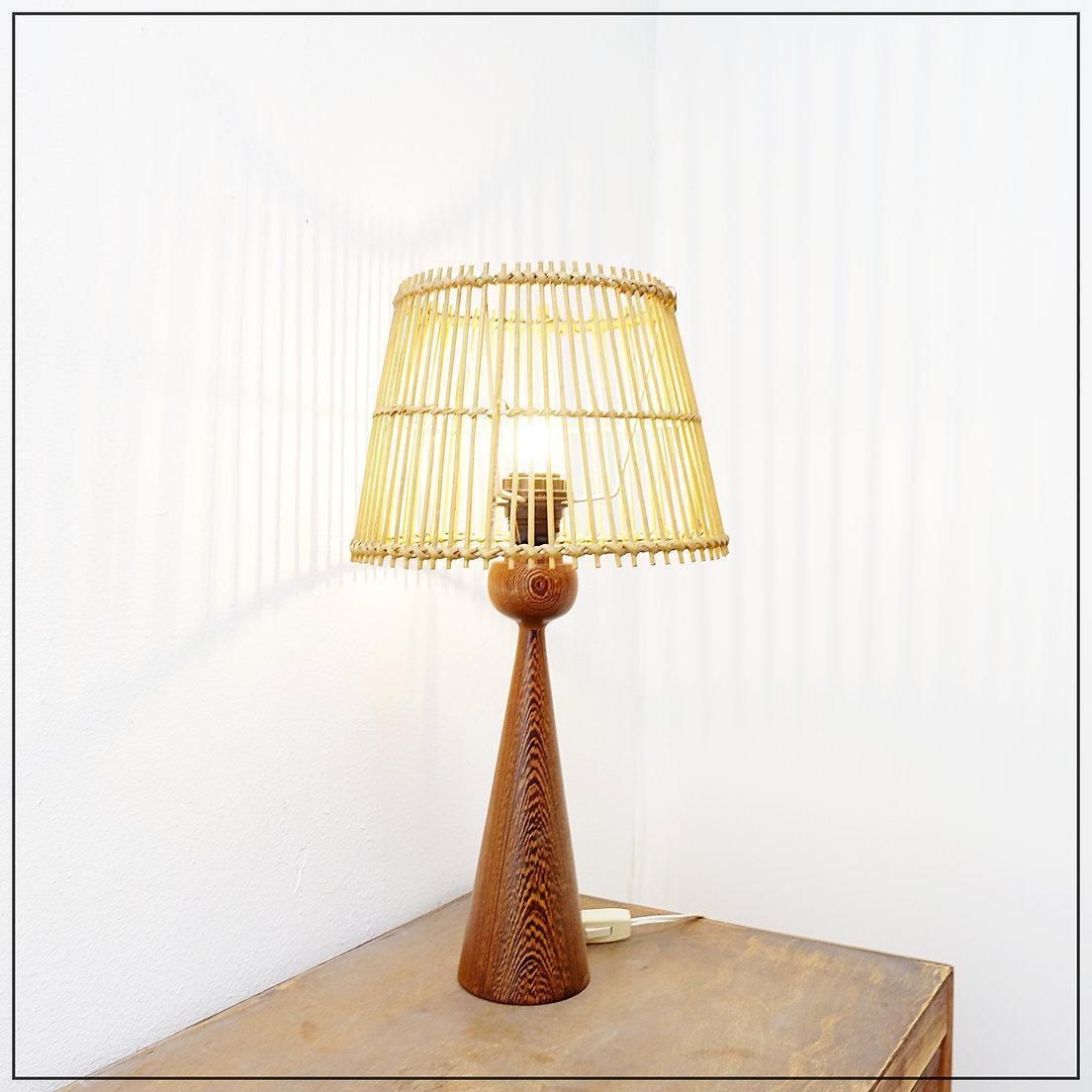 Keel Shaped Wood Table Lamp With Bamboo Shade 1960s photo vinterior