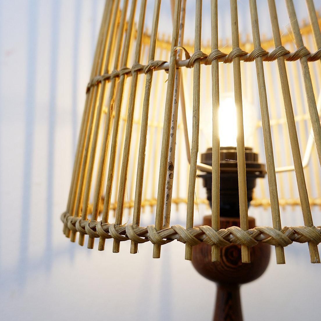 photo for sale Keel Shaped Wood Table Lamp With Bamboo Shade 1960s