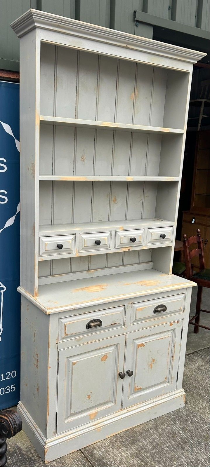 Distressed Painted Pine French Style Farmhouse Kitchen Dresser Inc Spice Drawers photo furniture