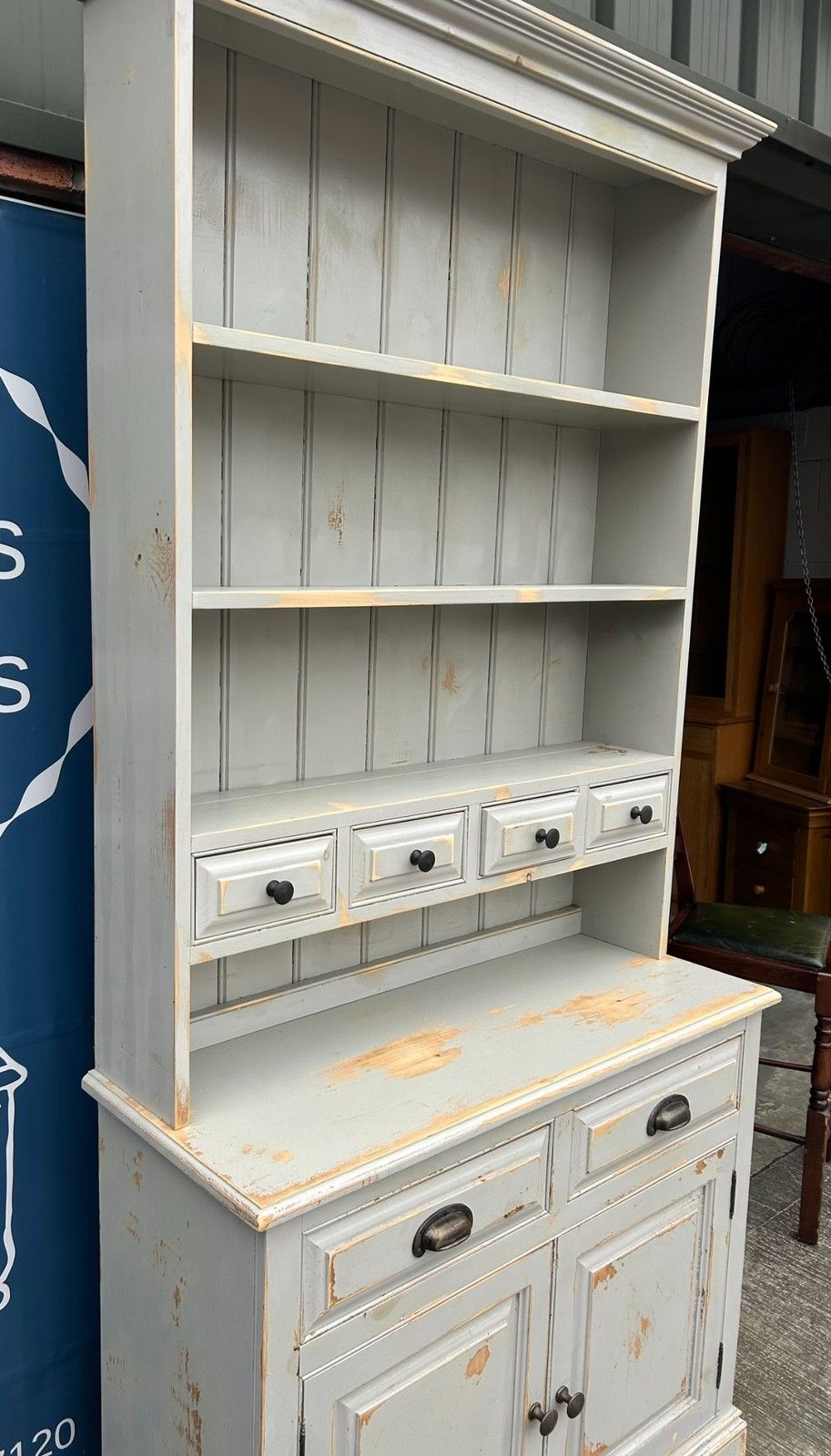 Distressed Painted Pine French Style Farmhouse Kitchen Dresser Inc Spice Drawers photo vinterior