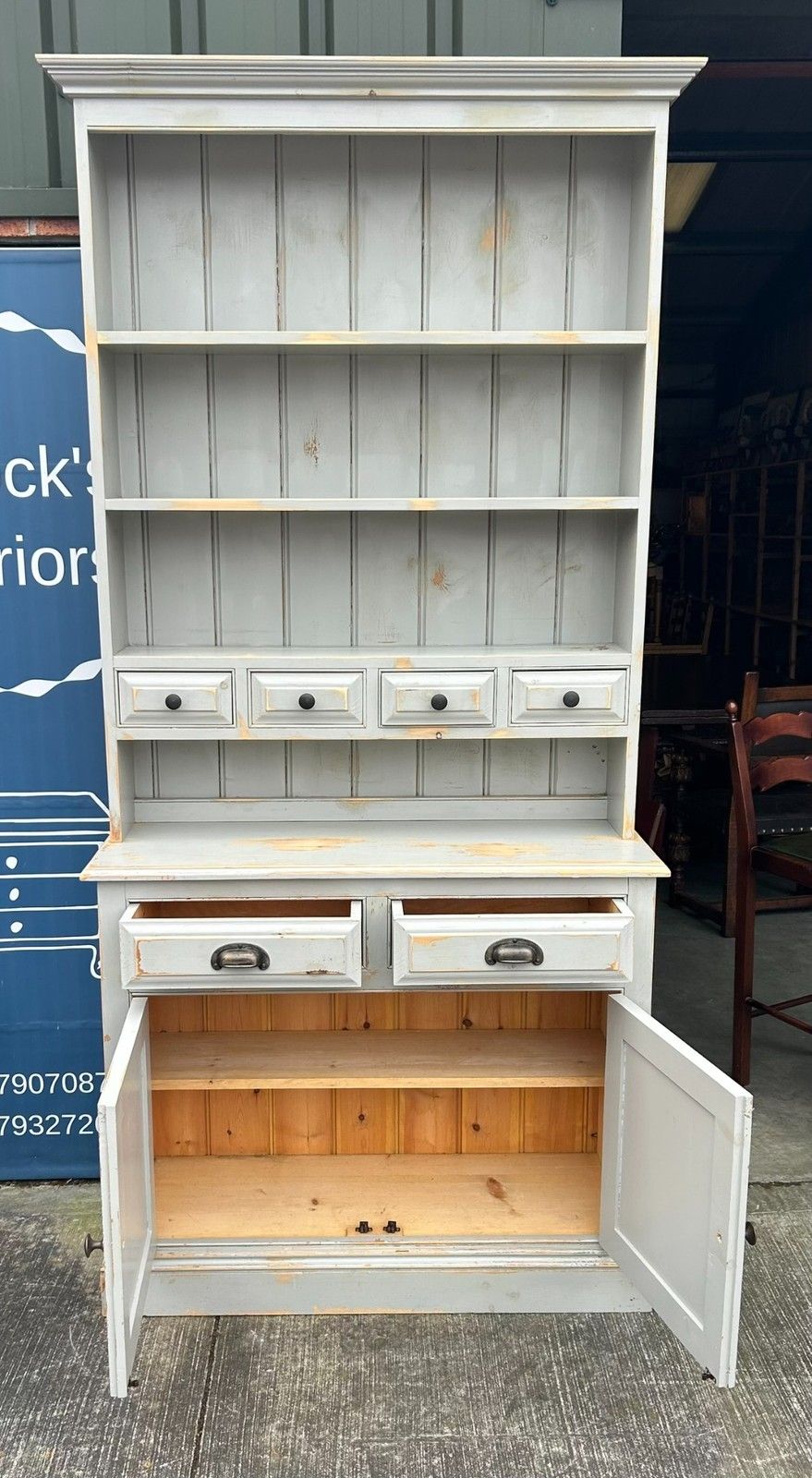 Distressed Painted Pine French Style Farmhouse Kitchen Dresser Inc Spice Drawers photo vintage