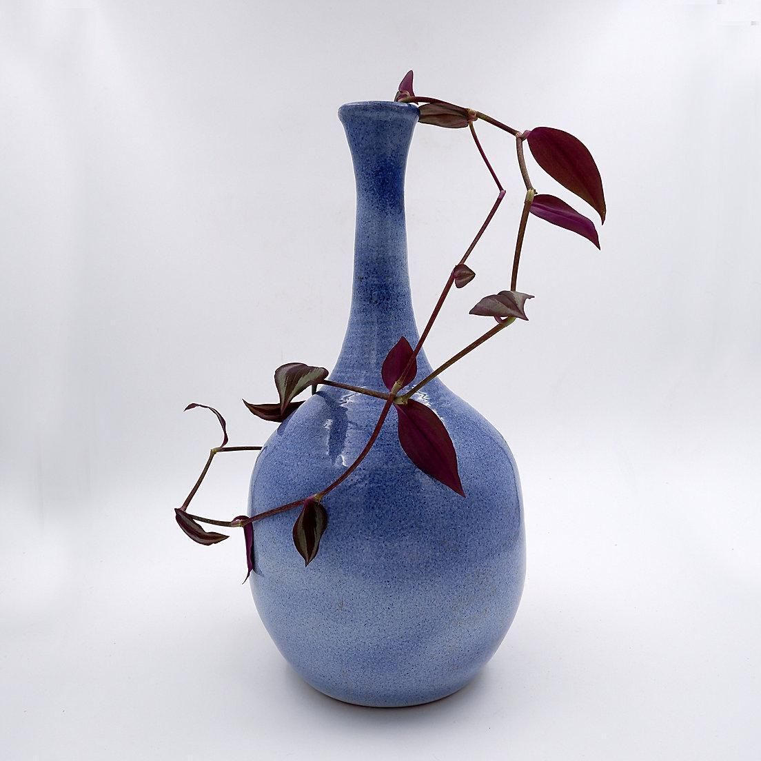 Vintage Large Long Necked Vase In Blue Glazed Terracotta photo furniture