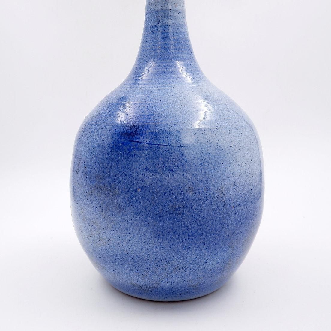 Vintage Large Long Necked Vase In Blue Glazed Terracotta photo vinterior