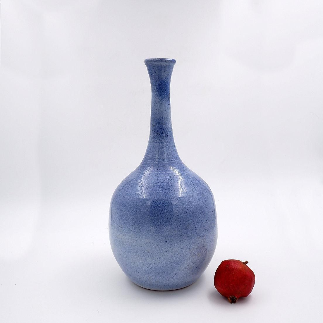 photo furniture Vintage Large Long Necked Vase In Blue Glazed Terracotta