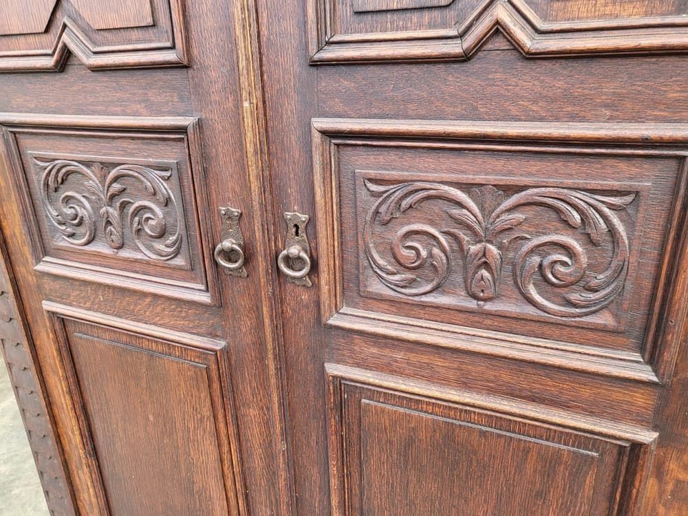 Antique Dark Oak Panelled Carved 2 X Door Wardrobe photo furniture