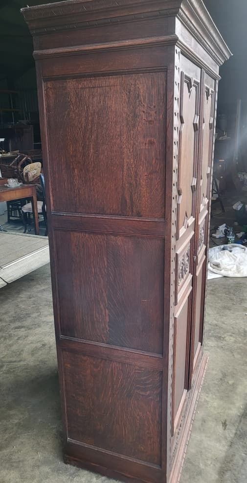 photo for sale Antique Dark Oak Panelled Carved 2 X Door Wardrobe