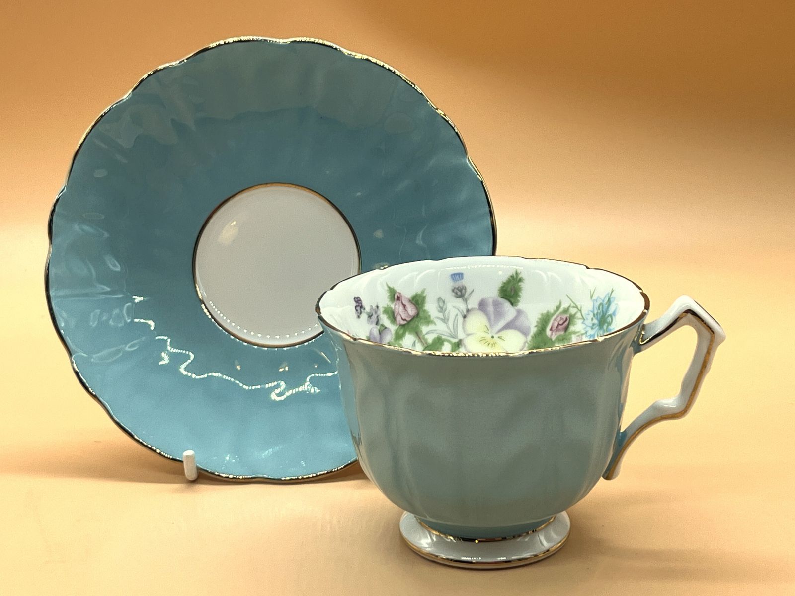 Aynsley China Crocus Shape Wild Tudor Blue Cabinet Tea Cup & Saucer Duo. photo for sale