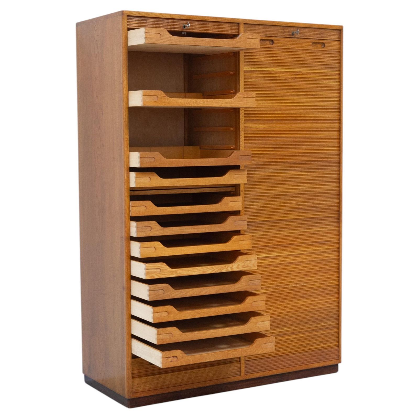 Danish Art Deco Oak Double Tambour Archive Cabinet, 1930s.