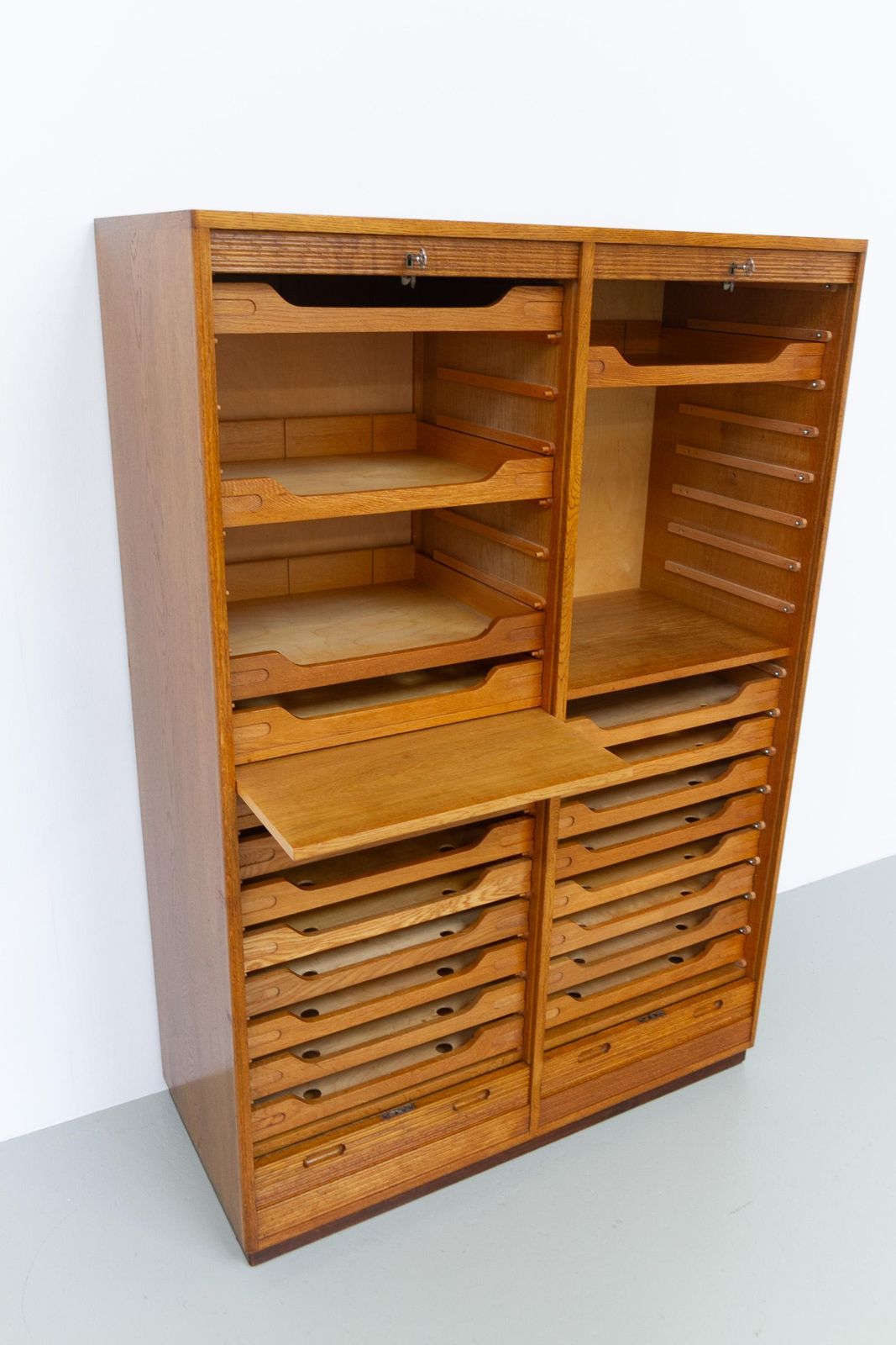 photo furniture Danish Art Deco Oak Double Tambour Archive Cabinet, 1930s.