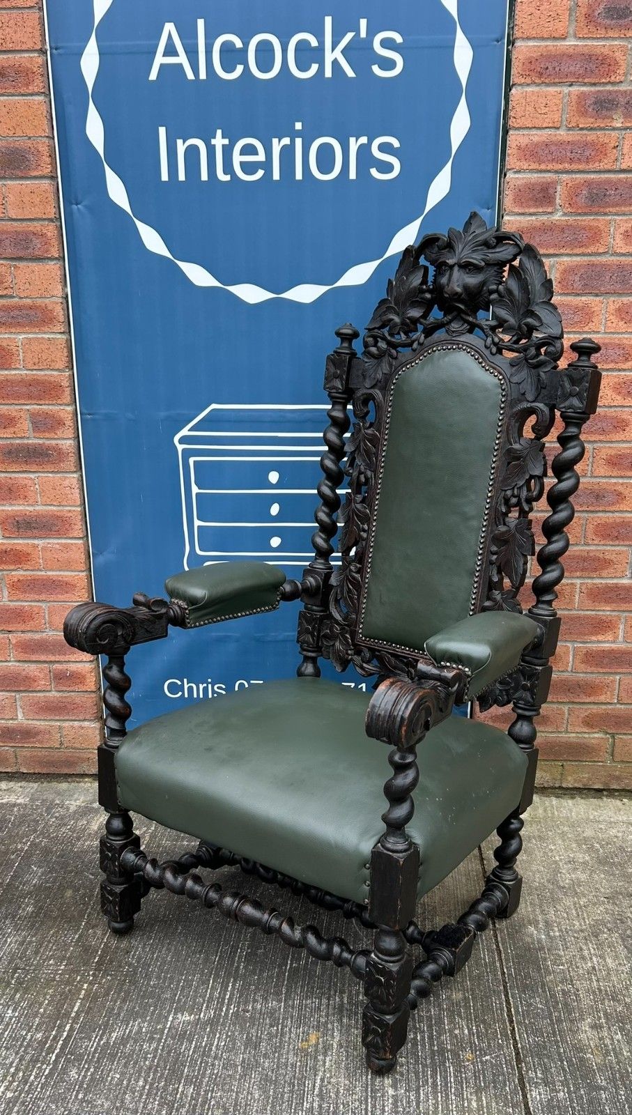 Antique Oak Gothic Green Man Carved Barley Twist Throne Leather Armchair photo furniture