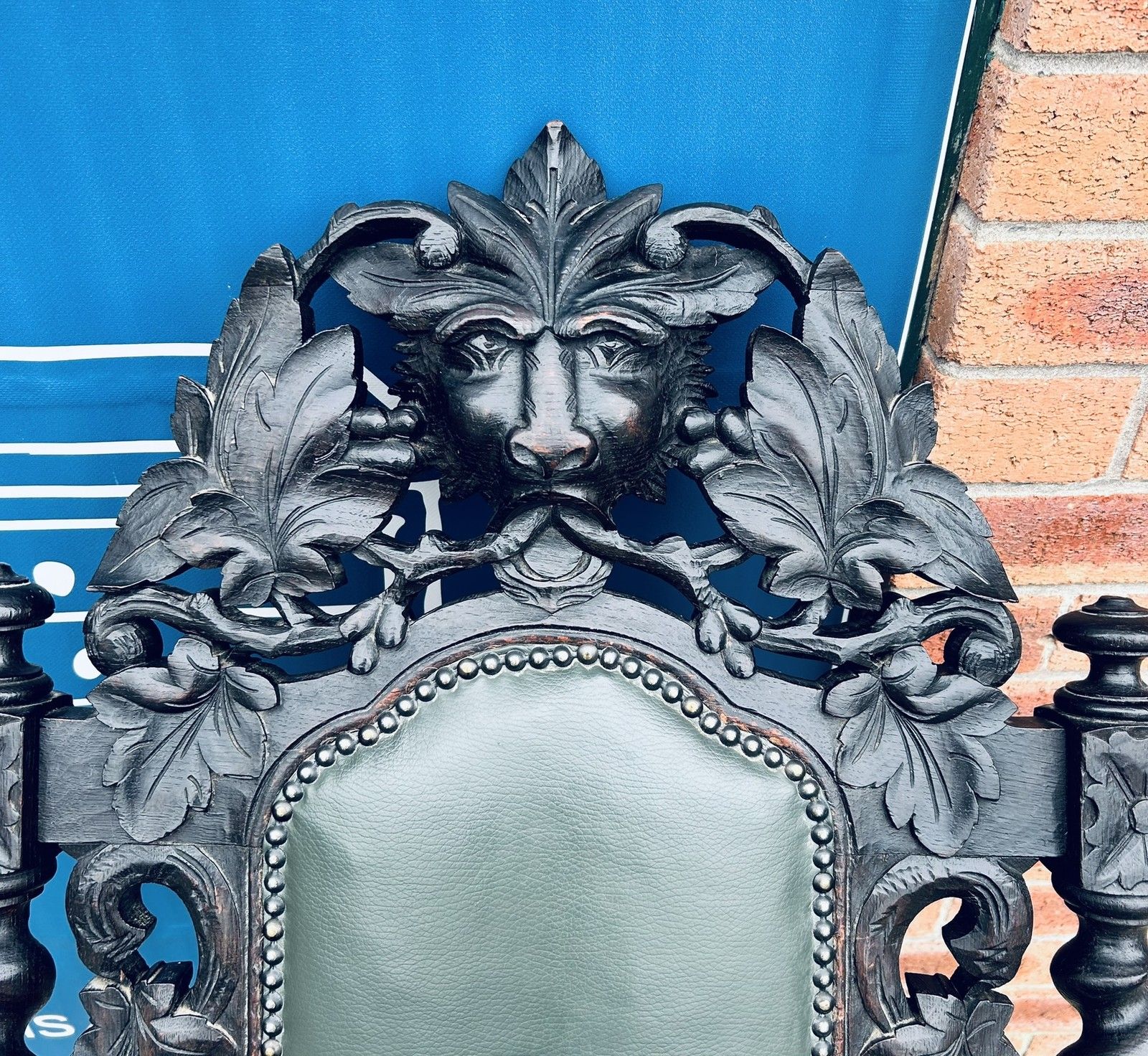 Antique Oak Gothic Green Man Carved Barley Twist Throne Leather Armchair photo 225.0