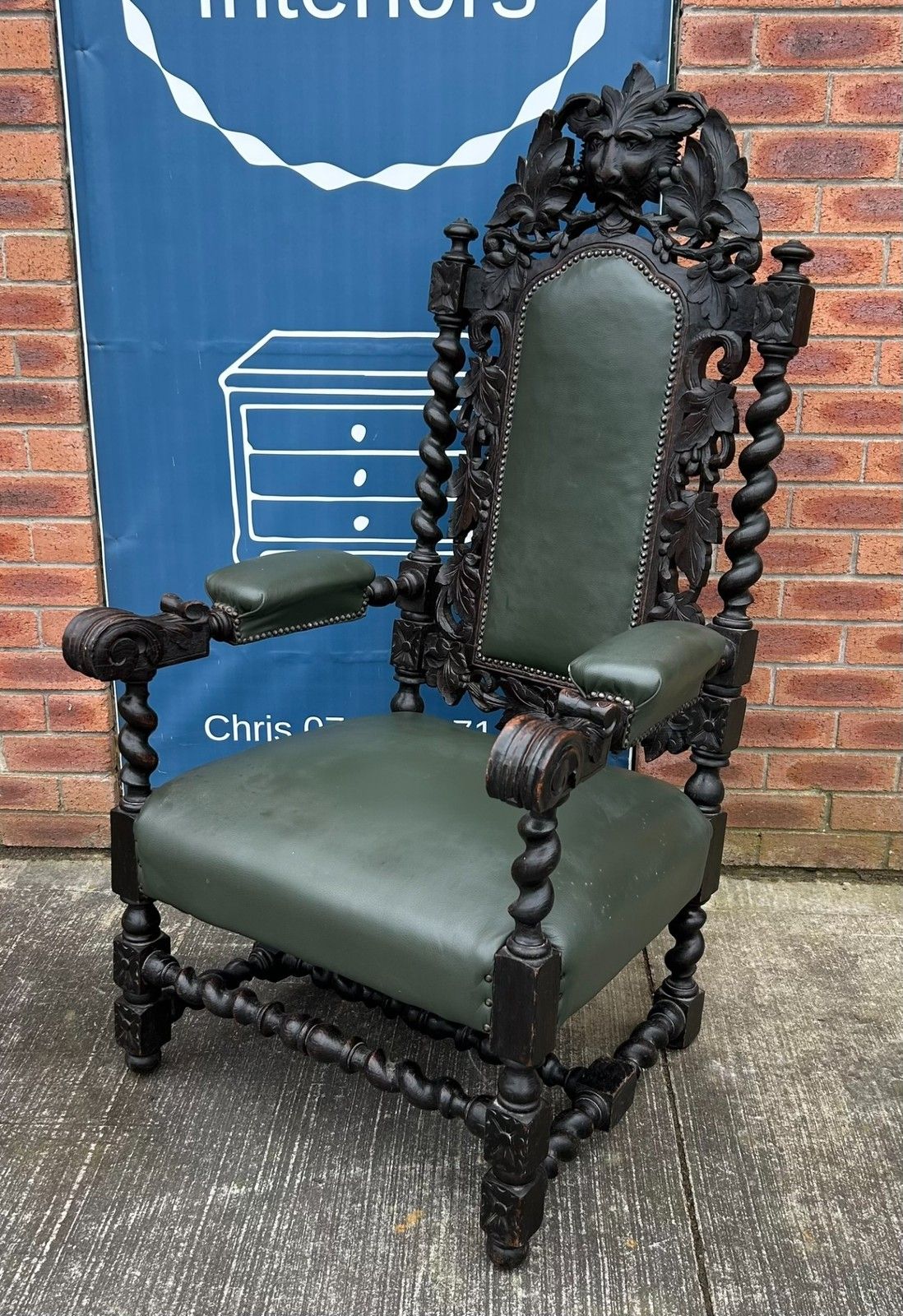 photo buy Antique Oak Gothic Green Man Carved Barley Twist Throne Leather Armchair