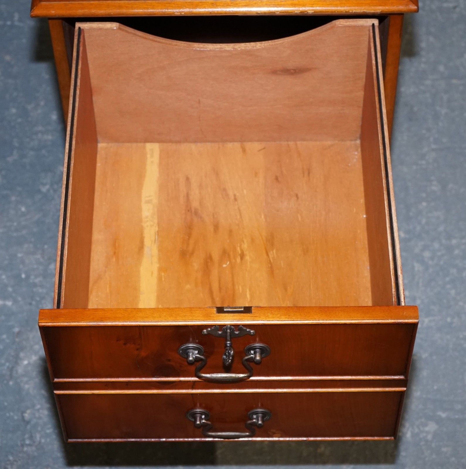 Vintage Yew Wood Filling Cabinet With Green Leather Top And Two Drawers photo vinterior
