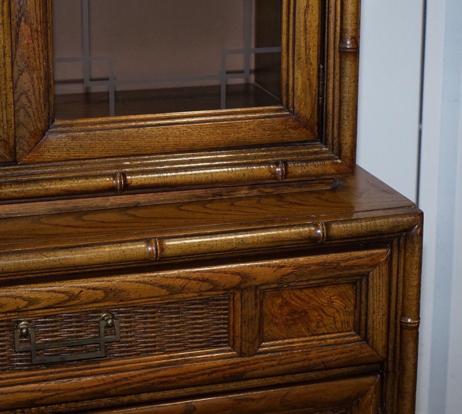 photo for sale Vintage American Faux Bamboo Style Display Cabinet Bookcase By Burlington
