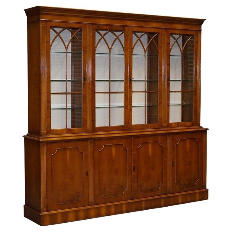 Antique Georgian Style Yew Wood Four Door Display Cabinet Bookcase