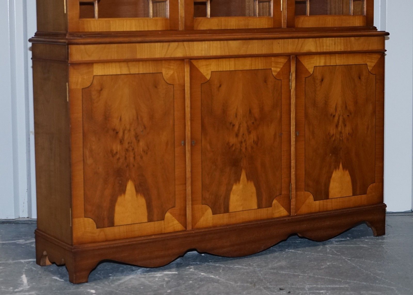 Vintage English Burr Yew Wood 3 Door Astragal Glazed Display Bookcase Cabinet photo Furniture