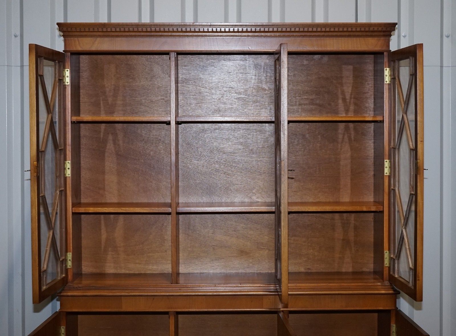 photo buy Vintage English Burr Yew Wood 3 Door Astragal Glazed Display Bookcase Cabinet
