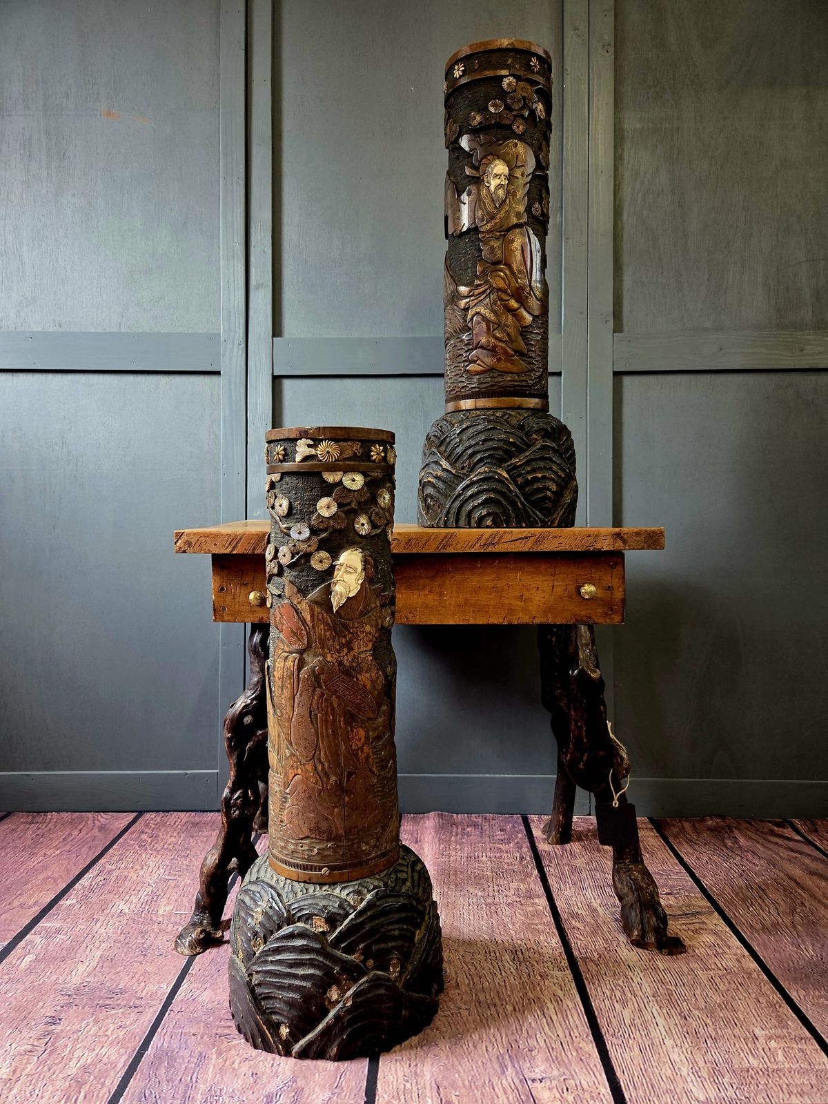 Pair Of Meiji Period Japanese Carved Bamboo Umbrella / Stick / Brush Stands With Inset Masks, C.1880–1900