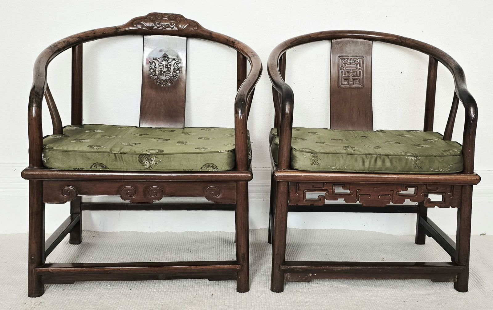 A Pair Of Chinese Qing Dynasty Hardwood Chairs With Original Cushions.