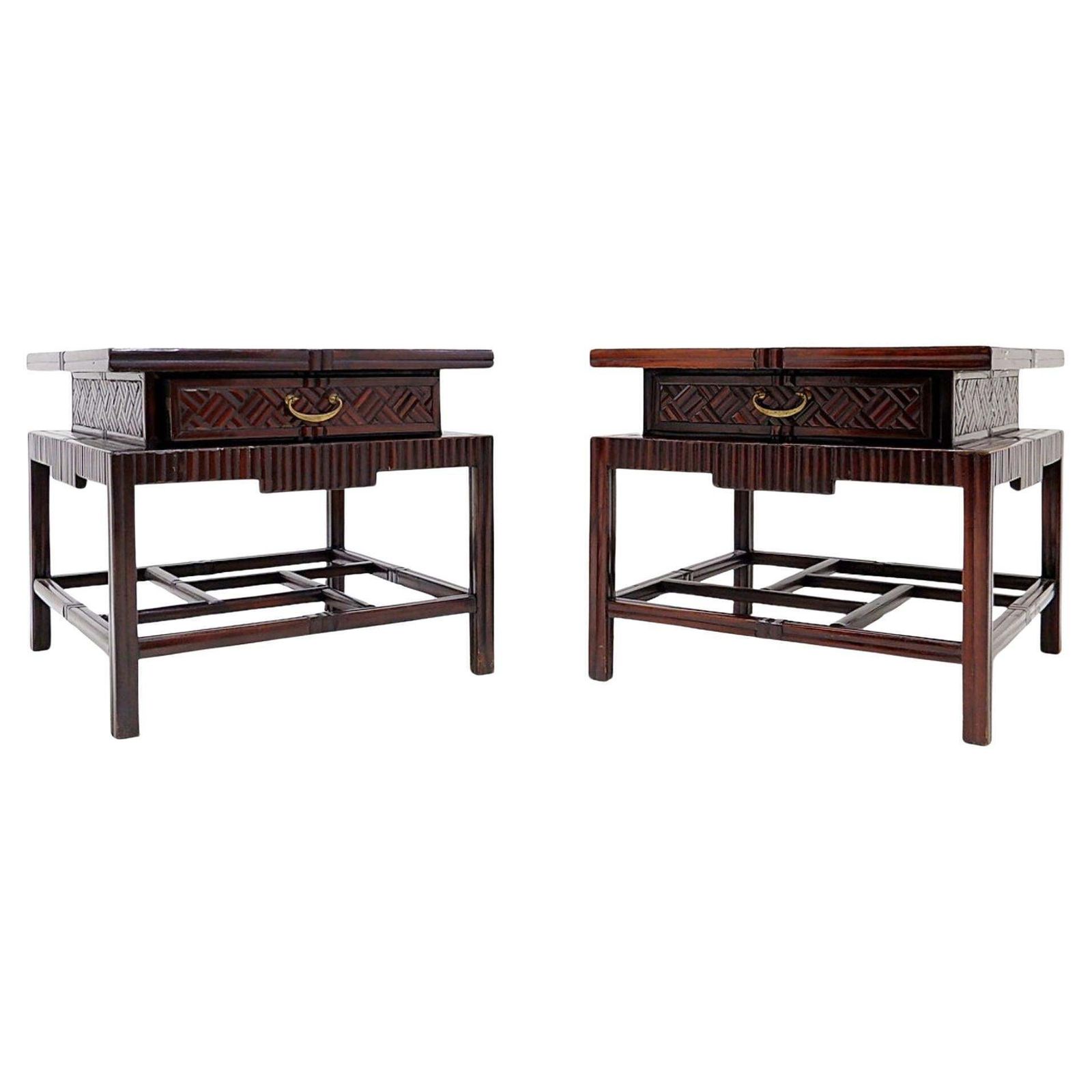 Pair Of Vintage Pagoda Tables In Faux Bamboo Chevron Pattern   Maitland & Clasco