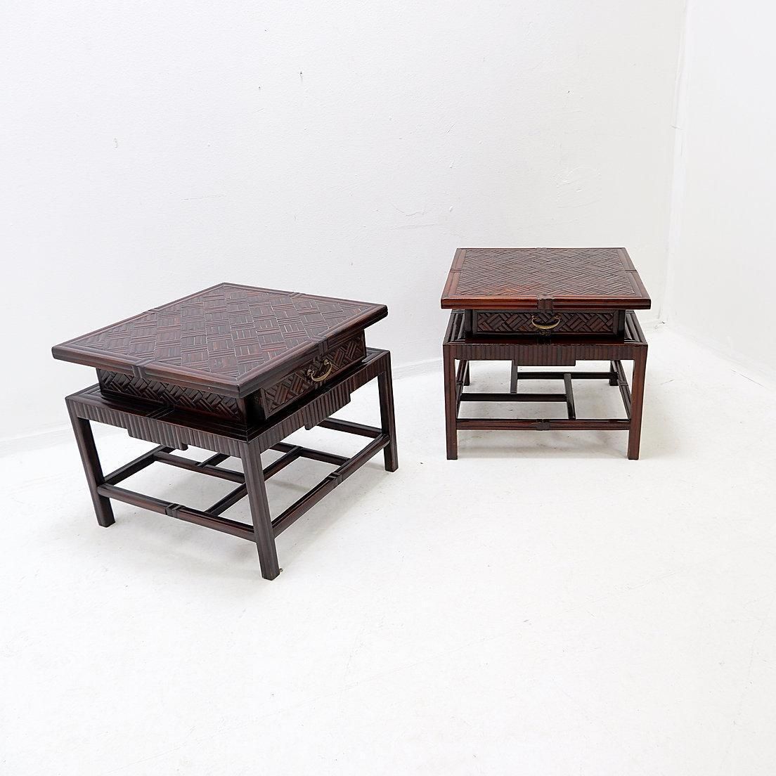 Pair Of Vintage Pagoda Tables In Faux Bamboo Chevron Pattern   Maitland & Clasco photo for sale