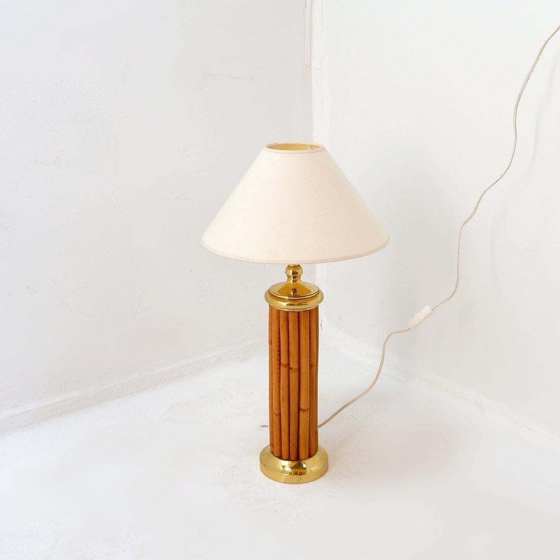 Vintage Bamboo And Brass Table Lamp, 1980s, 35cm Diameter, 66cm Height photo vintage