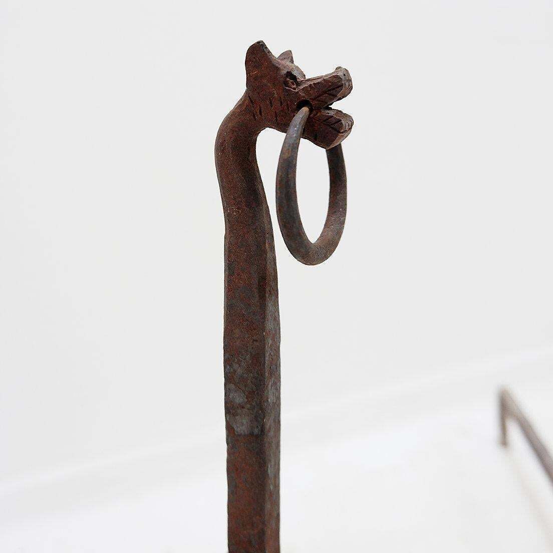 Italian Wrought Iron Dragon Andirons, Antique Fireplace Set, 1920s photo for sale