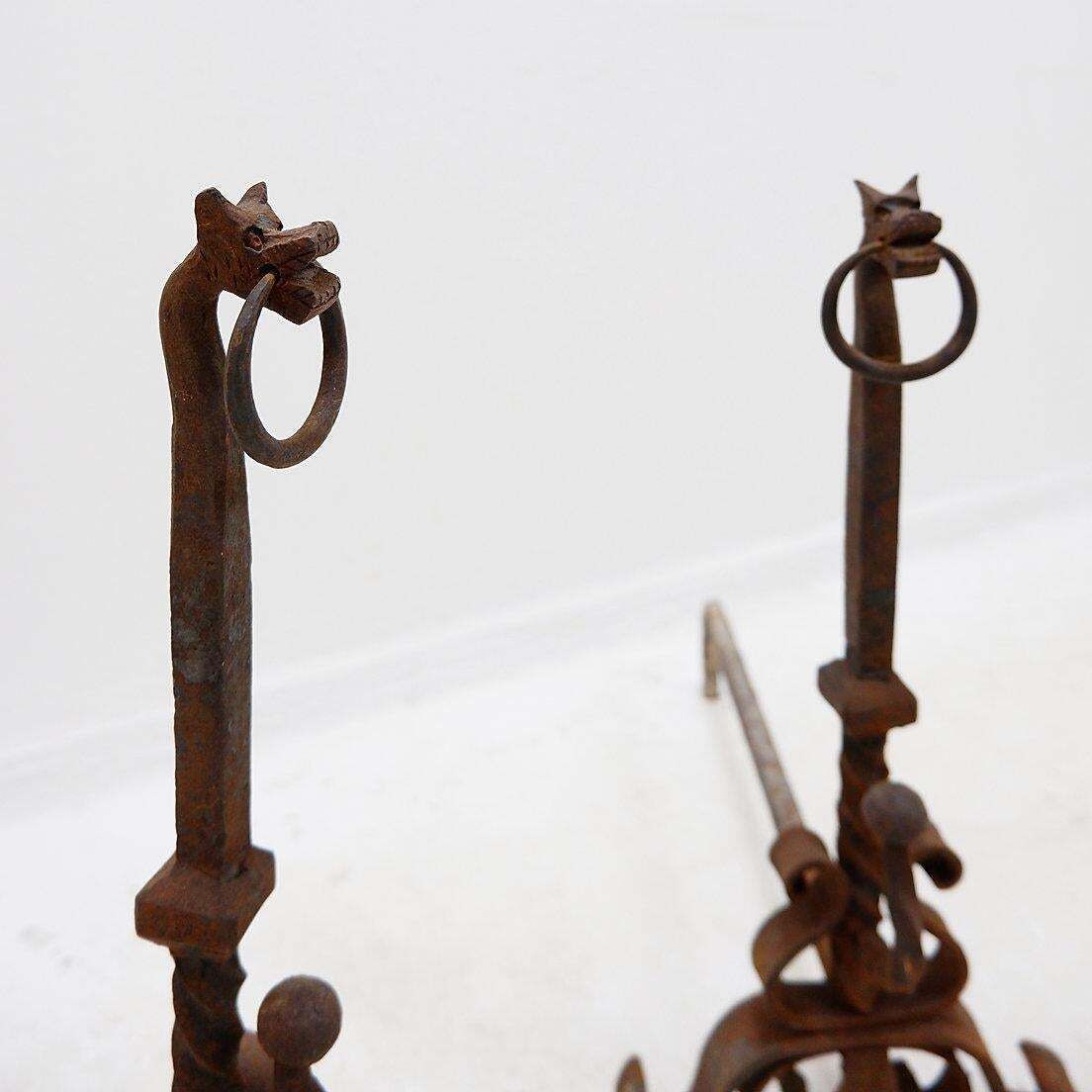 Italian Wrought Iron Dragon Andirons, Antique Fireplace Set, 1920s photo buy
