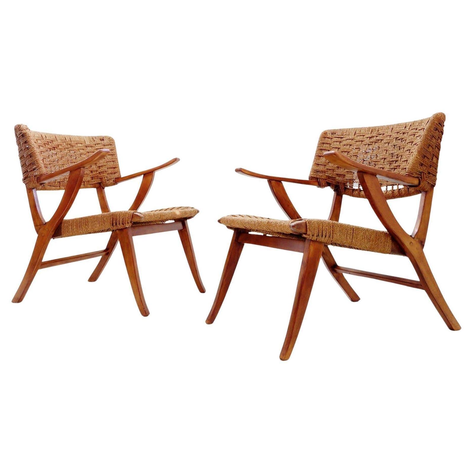 Mid Century Pair Rope And Wood Armchairs   Vintage Style