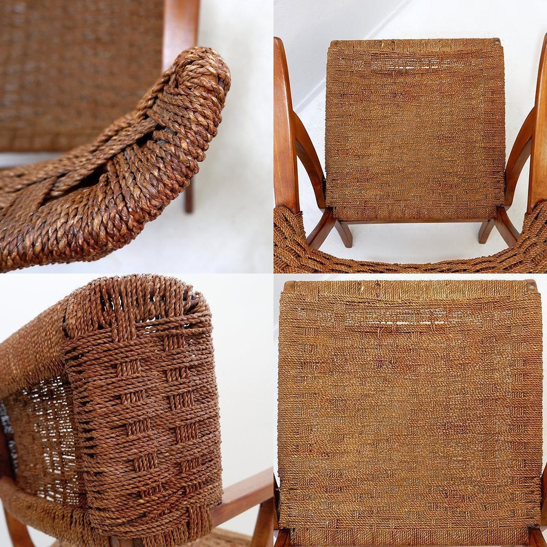 Furniture Mid Century Pair Rope And Wood Armchairs   Vintage Style photo