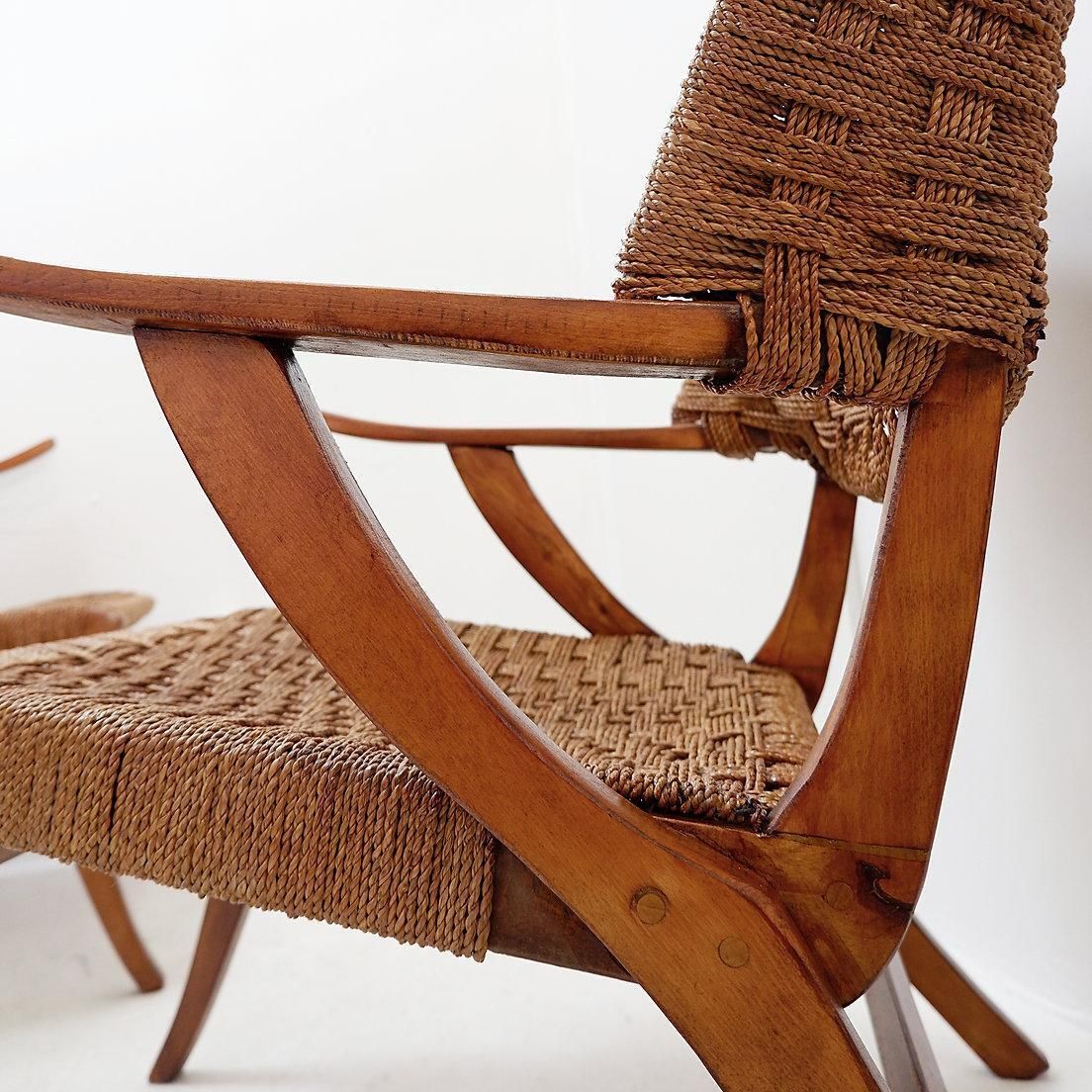 photo vinterior Mid Century Pair Rope And Wood Armchairs   Vintage Style