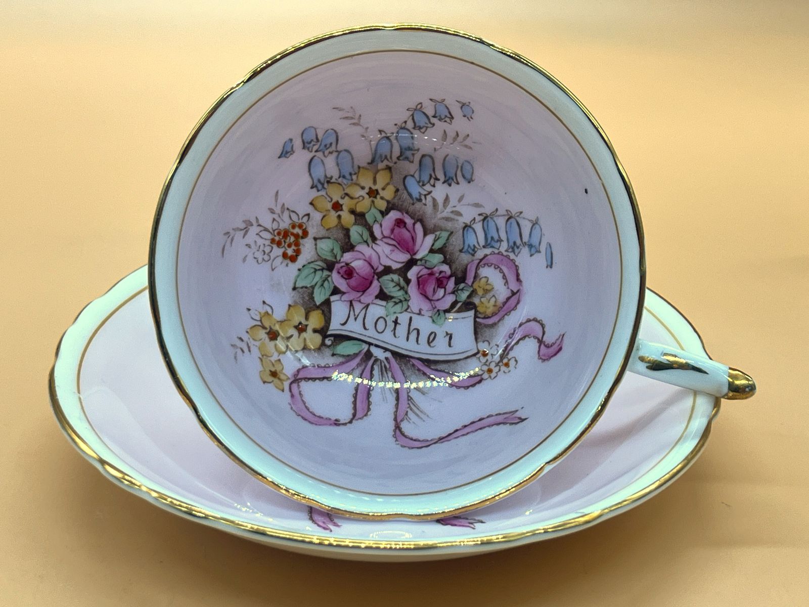Art Deco Paragon China Double Warrant Queen Mary Mother On Pink Chintz Tea Cup And Saucer Duo. No. A1296. photo furniture