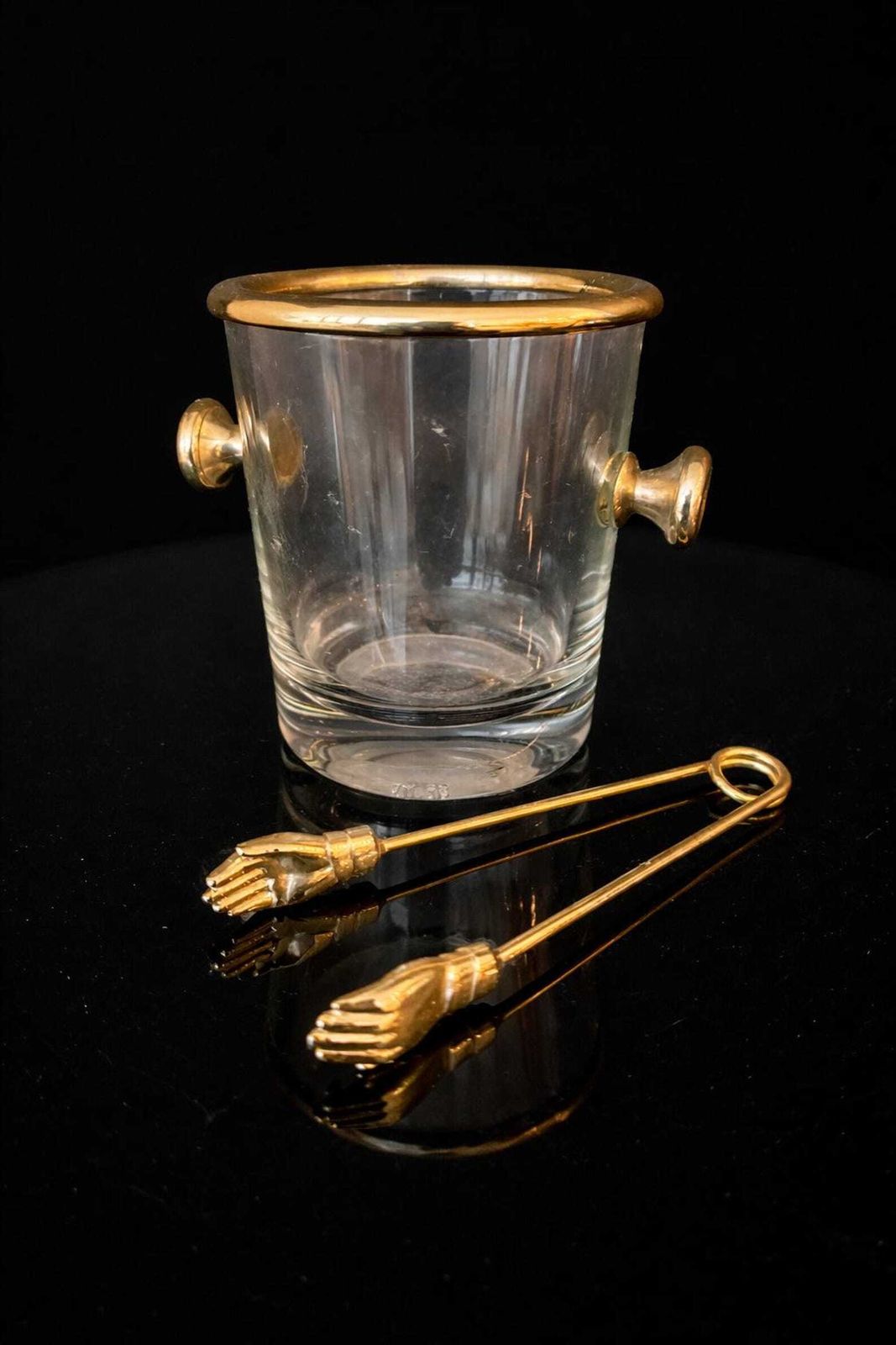 Vintage Reims France Glass Mini Ice Bucket Sugar Bowl & Ice Tongs Set