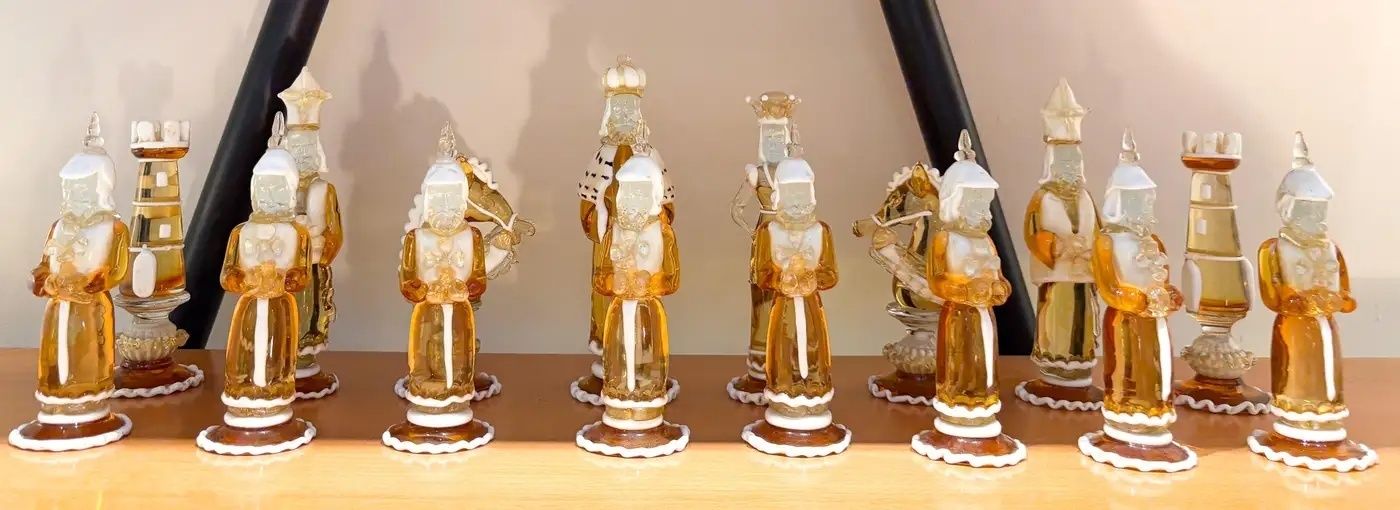 Rare Chess Set Composed Of 32 Solid Amber Glass Pieces, Barbini, Pauly & C photo vinterior