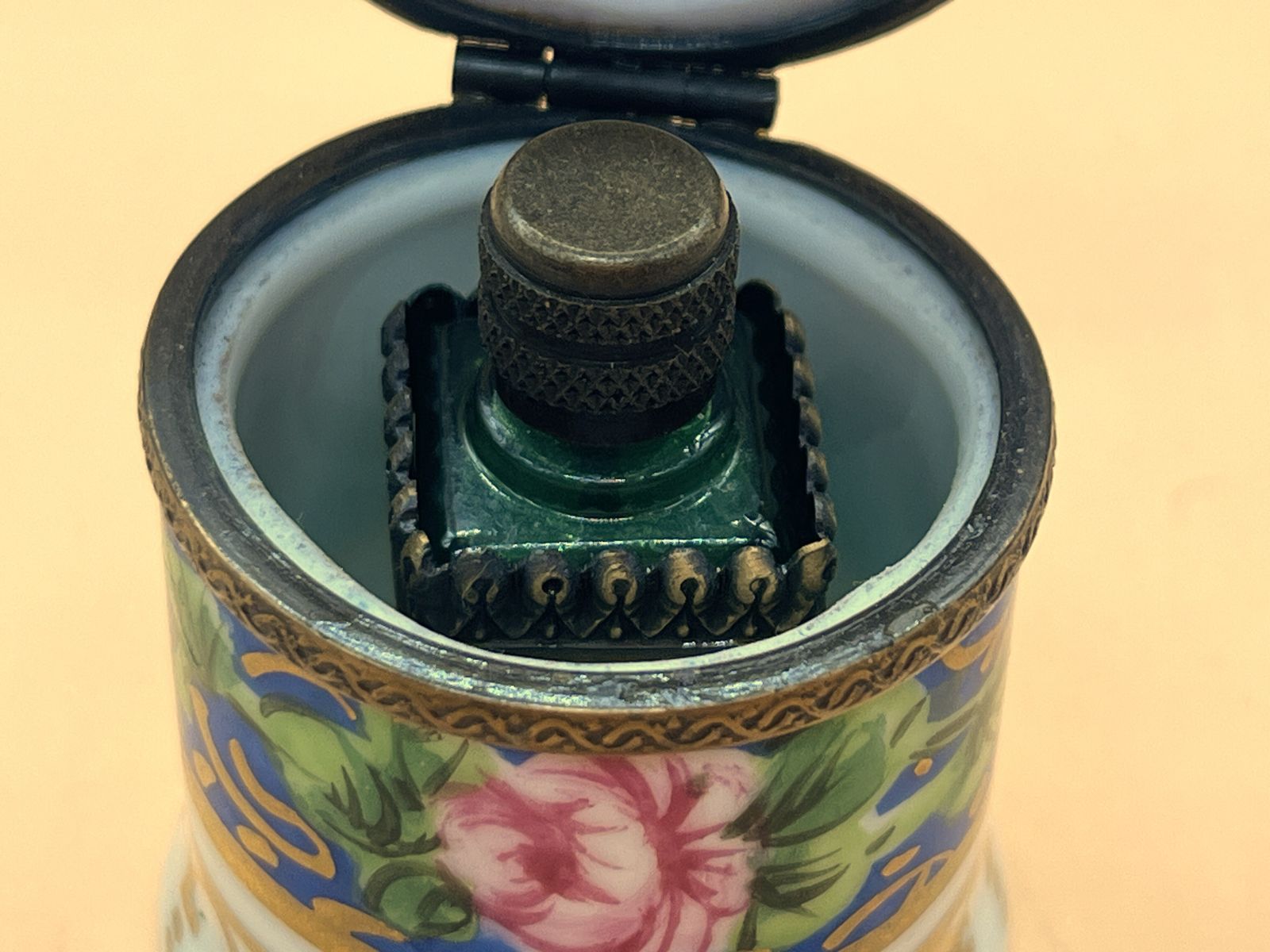 Limoges Porcelain France Perfume Box With Internal Frame And Green Glass Perfume Bottle. photo buy