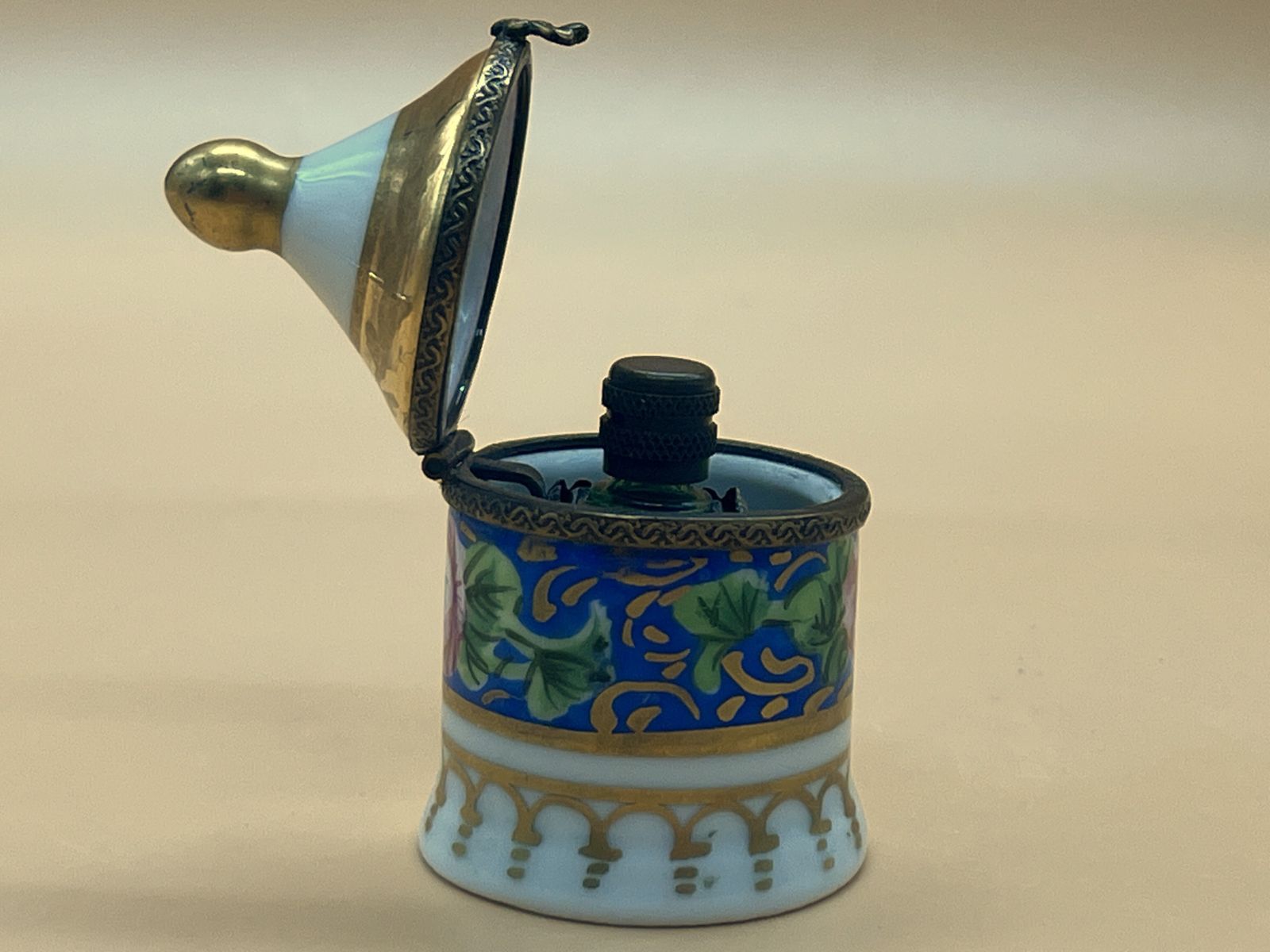 photo furniture Limoges Porcelain France Perfume Box With Internal Frame And Green Glass Perfume Bottle.