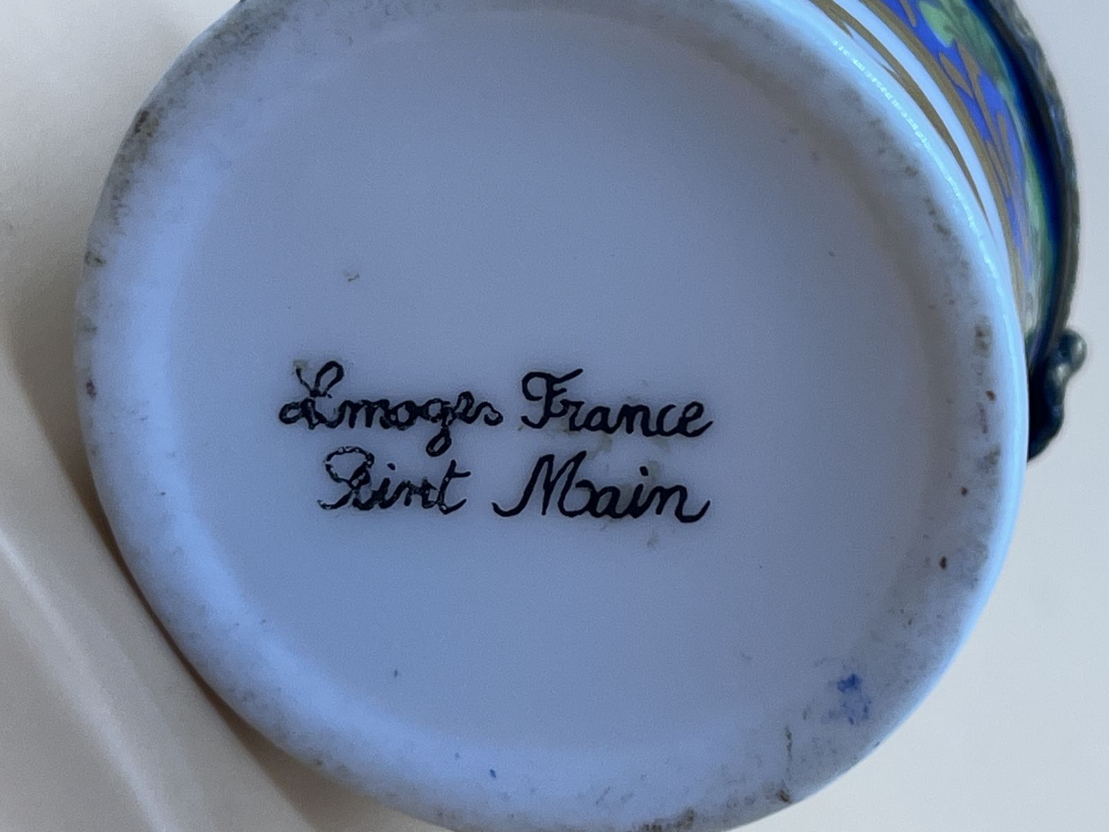 photo for sale Limoges Porcelain France Perfume Box With Internal Frame And Green Glass Perfume Bottle.