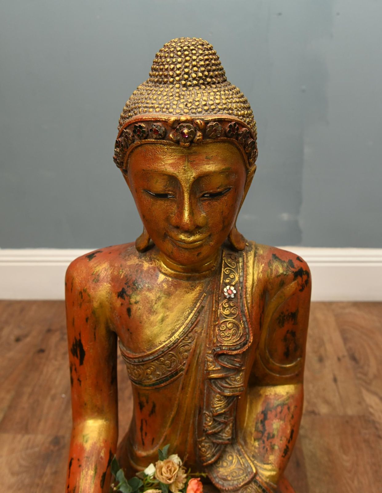 Carved Burmese Buddha Statue Lotus Pose Mudra Buddhism. photo furniture