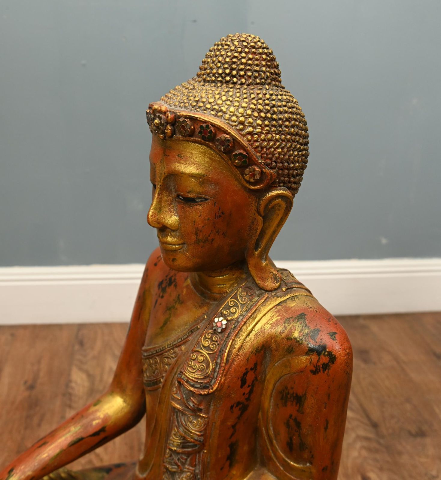 Carved Burmese Buddha Statue Lotus Pose Mudra Buddhism. photo for sale