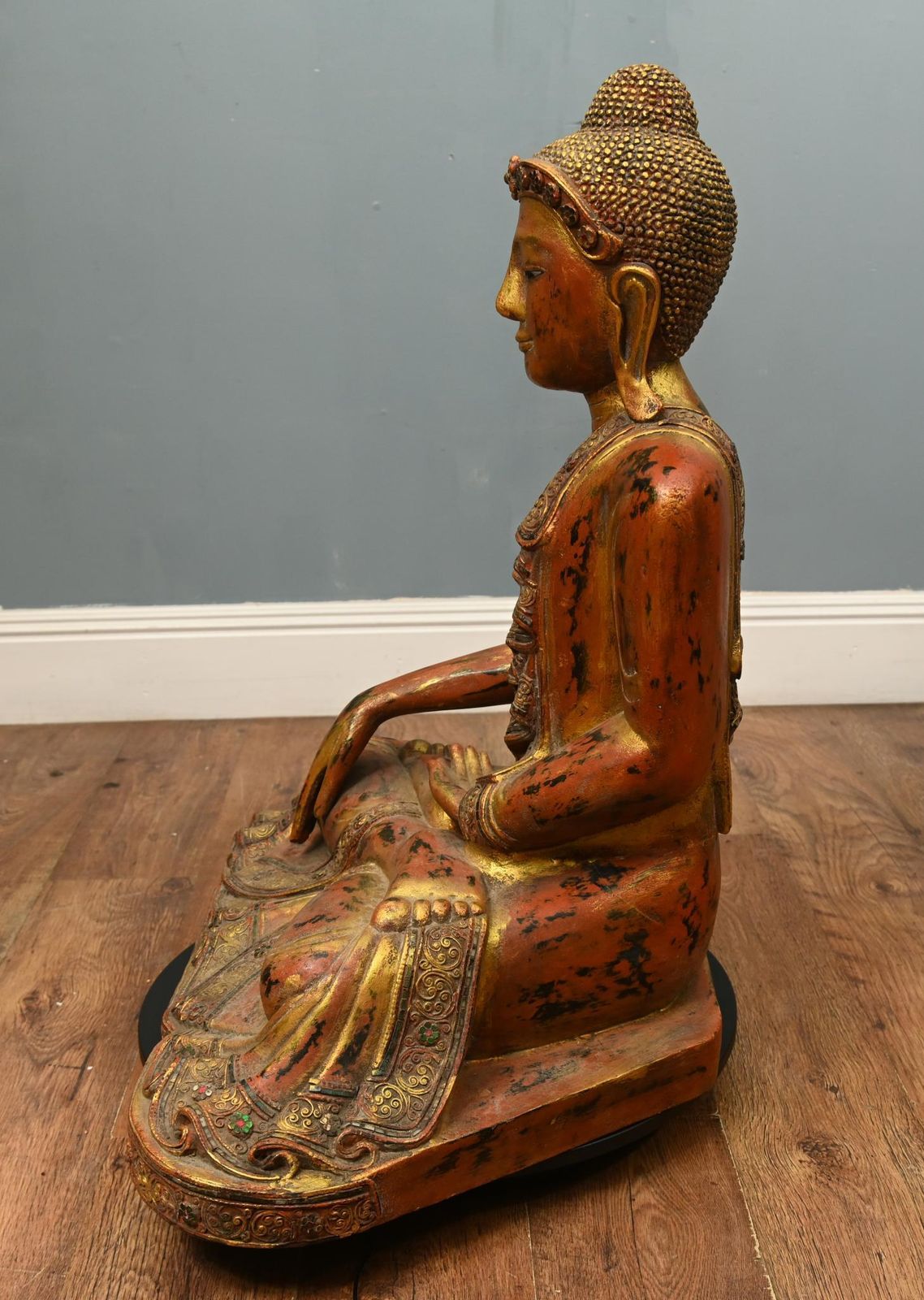 Carved Burmese Buddha Statue Lotus Pose Mudra Buddhism. photo Art