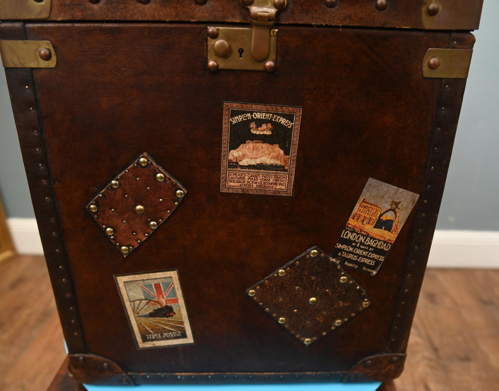 Leather Steamer Trunk Case Vintage Side Table. photo for sale