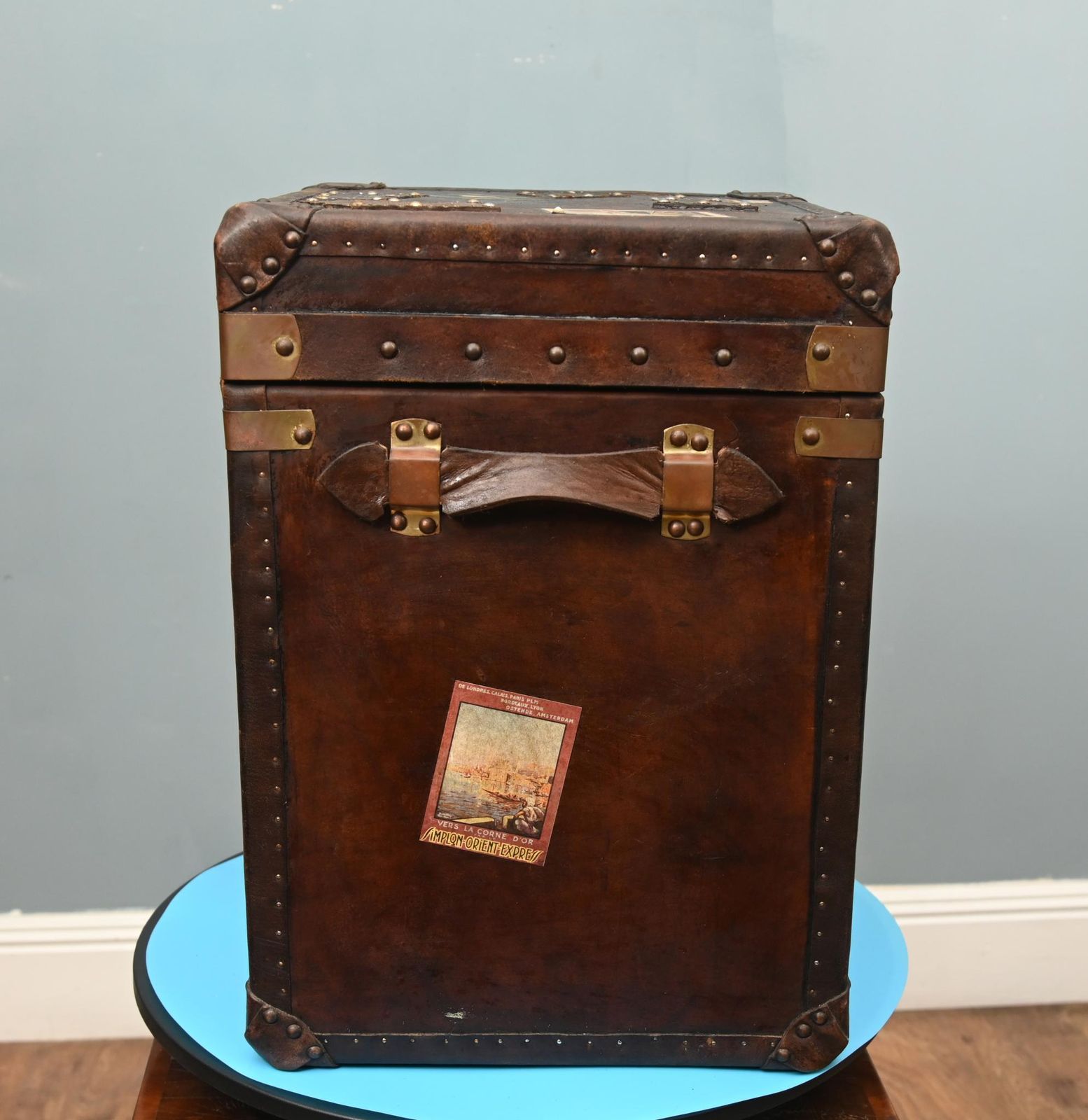 Leather Steamer Trunk Case Vintage Side Table. photo Furniture