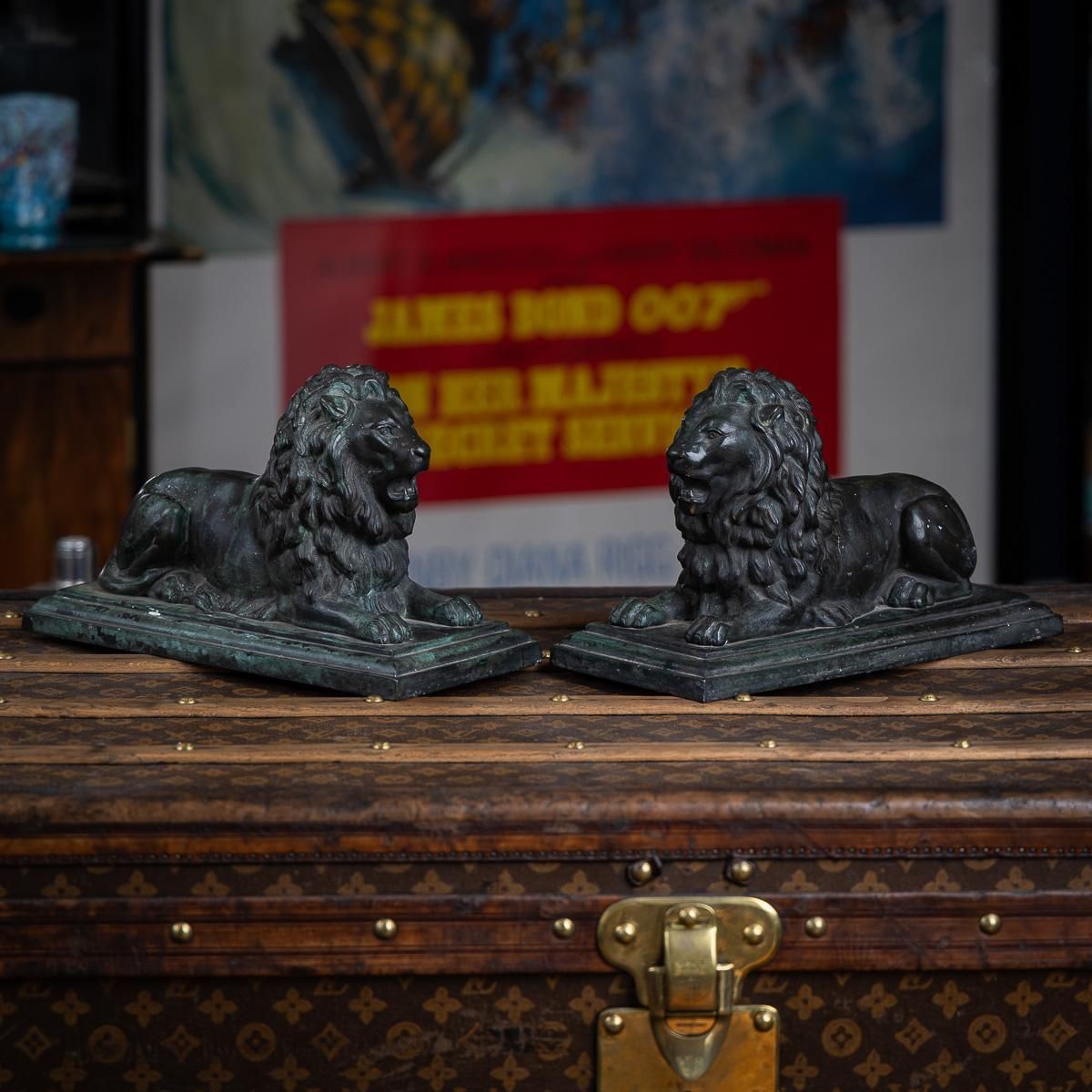 Antique 19thc Victorian Pair Of Verdigris Patinated Bronze Trafalgar Lions C1870 photo furniture
