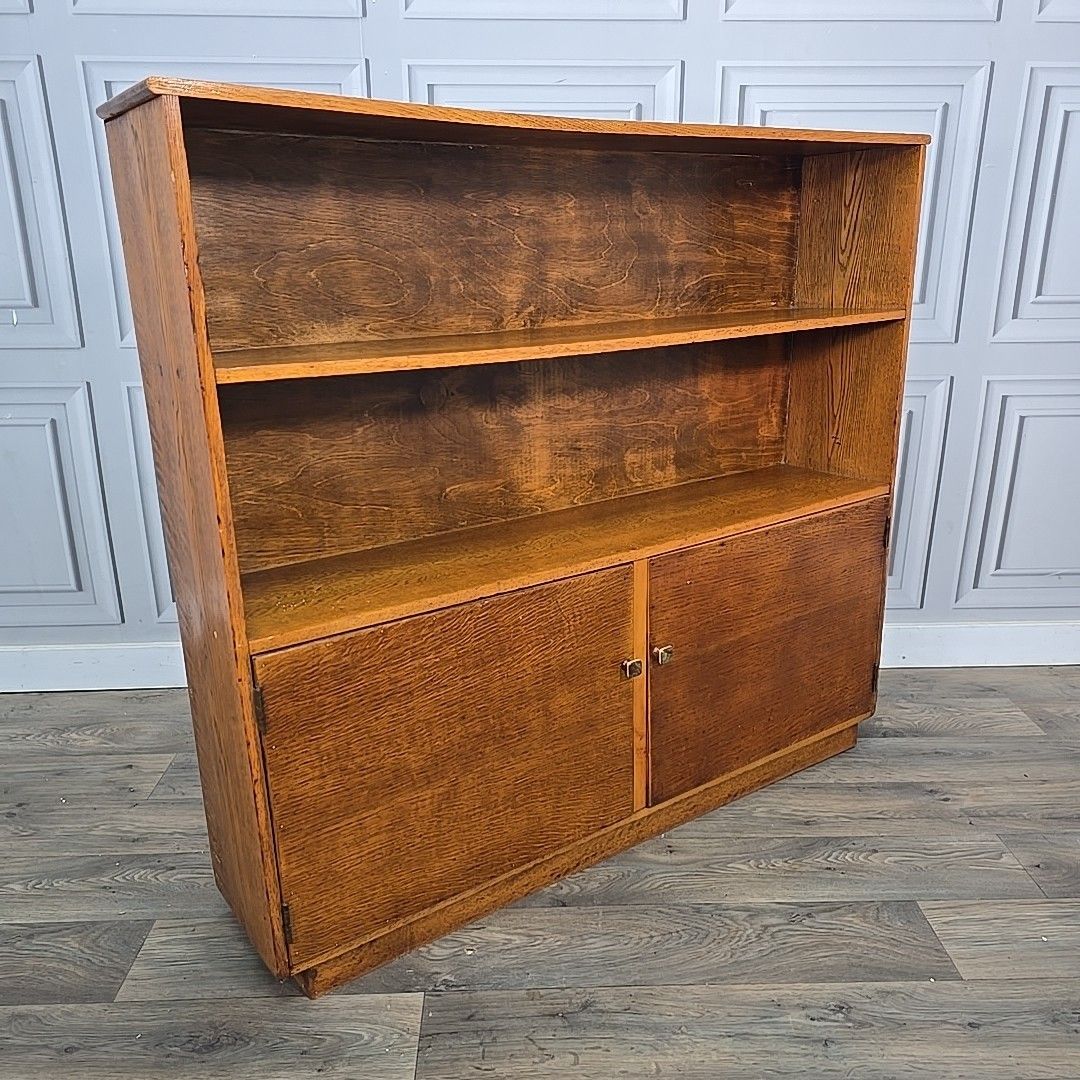 Vintage Oak Bookcase Lower Cupboard – Wooden Finish – Mid Century Storage Shelf photo furniture