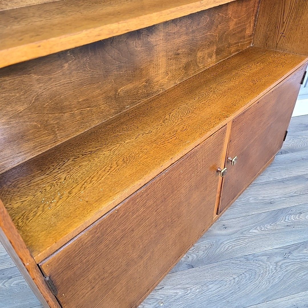 photo furniture Vintage Oak Bookcase Lower Cupboard – Wooden Finish – Mid Century Storage Shelf