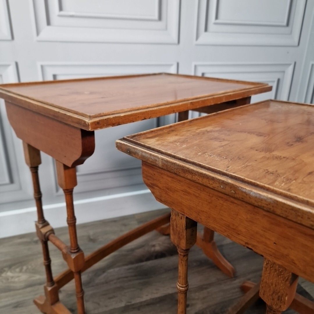 Furniture Antique Nest Of Tables Wooden Side Trio Veneer Top Liberty Georgian Style photo
