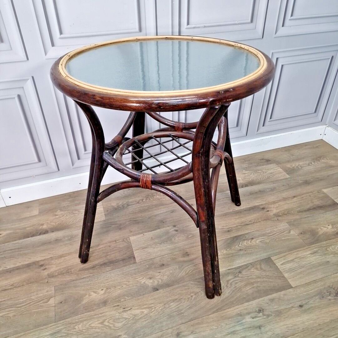 Vintage Rattan Glass Table Mid Century Bistro Bamboo Top Boho Tiki Retro