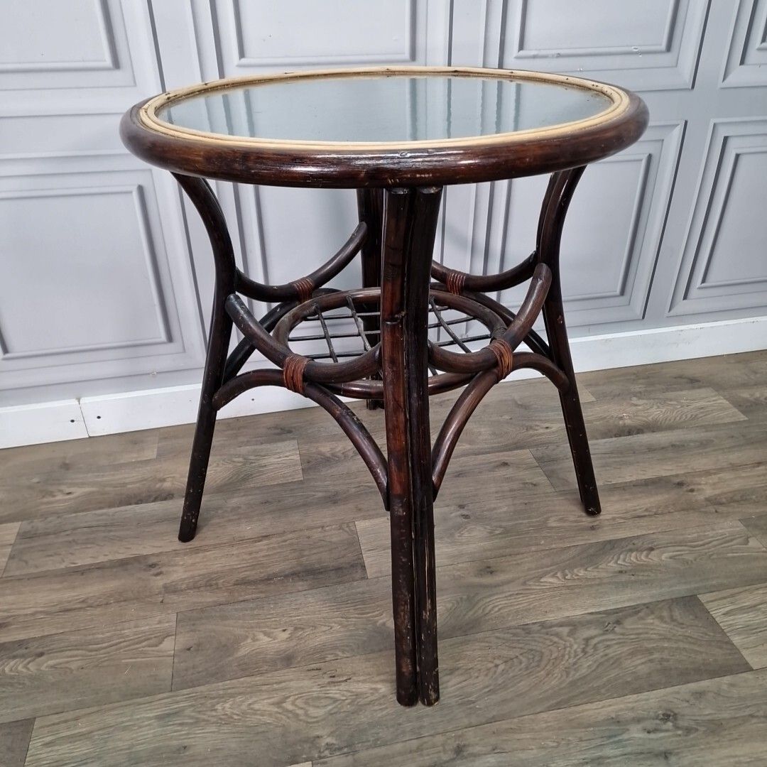 Vintage Rattan Glass Table Mid Century Bistro Bamboo Top Boho Tiki Retro photo furniture